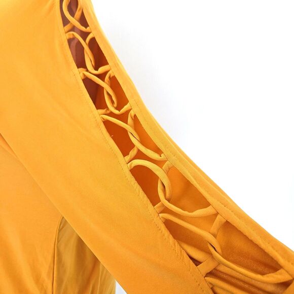 Yellow Shirt Blouse Womens LARGE 3/4 Length Lattice Sleeve - Picture 3 of 6